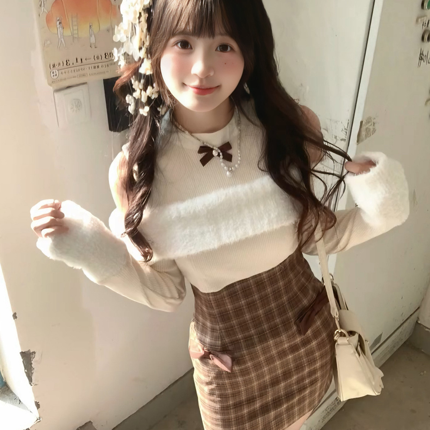 秋冬季小个子针织拼接格纹短裙子