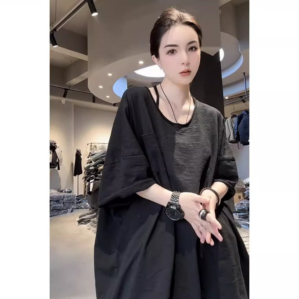 微胖mm欧洲站宽松中长款大码T恤女夏季百搭洋气休闲蝙蝠袖上衣潮
