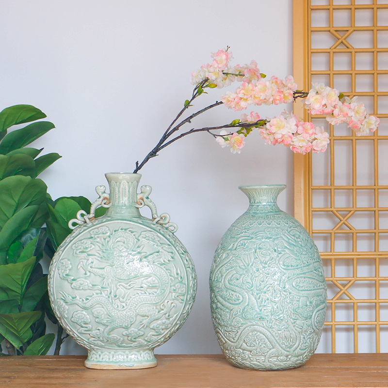 新中式影青浮雕龙纹陶瓷大花瓶家居装饰品客厅餐桌玄关电视柜摆件