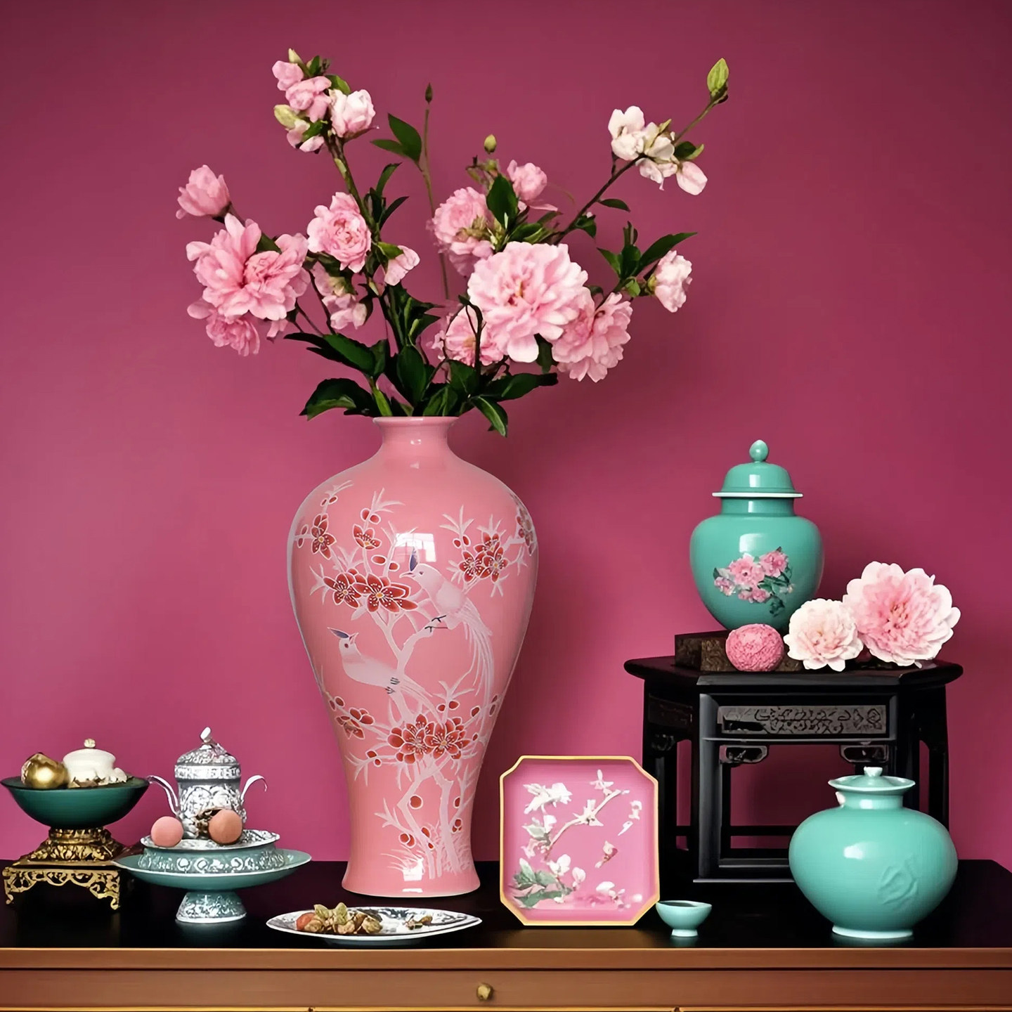 景德镇高温粉彩粉色花鸟陶瓷小花瓶客厅玄关装饰品摆件新中式软装