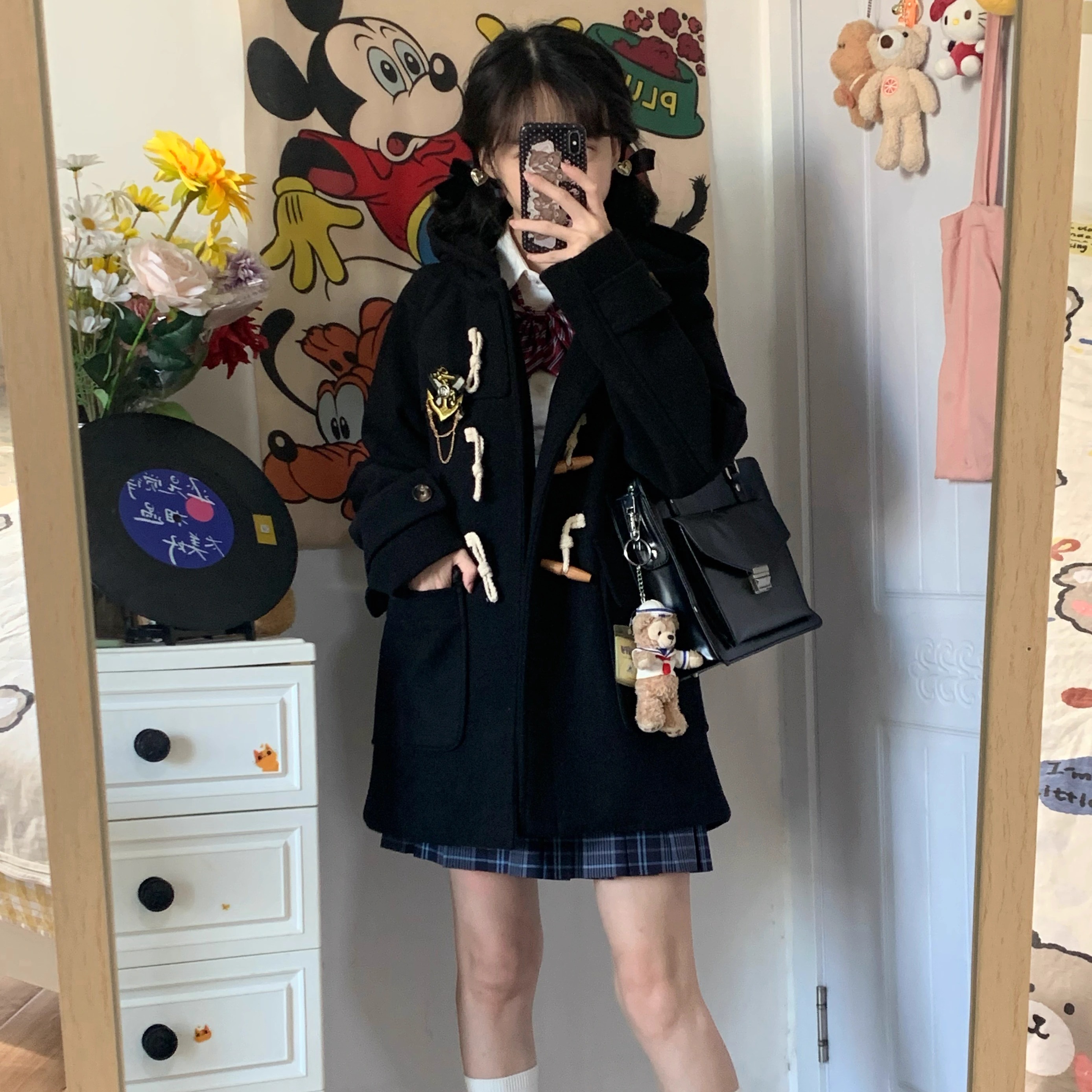 学院风牛角扣大衣校供感连帽