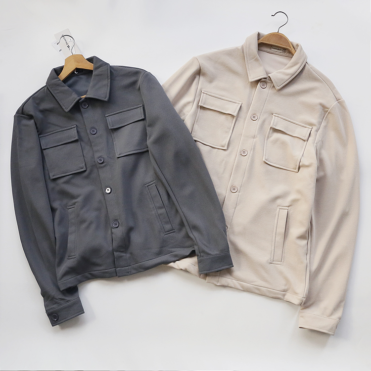 翻领工装夹克外套外贸男装春装纽扣开衫舒适有弹性米白色衬衫款