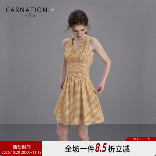 卡芮茜特别漂亮掐腰小裙子法式挂脖黄色格子短裙夏日绝美小连衣裙