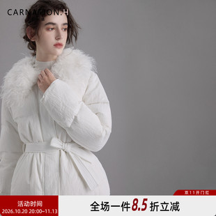 卡芮茜千金风大毛领收腰白色羽绒服女款2026新款冬季小个子厚外套