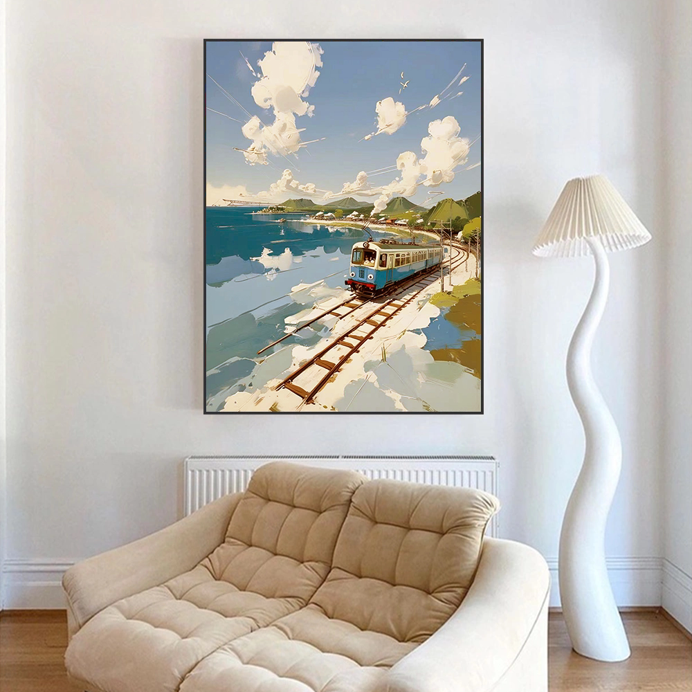 日系治愈海景火车装饰画奶油风客厅沙发背景墙挂画卧室床头壁画