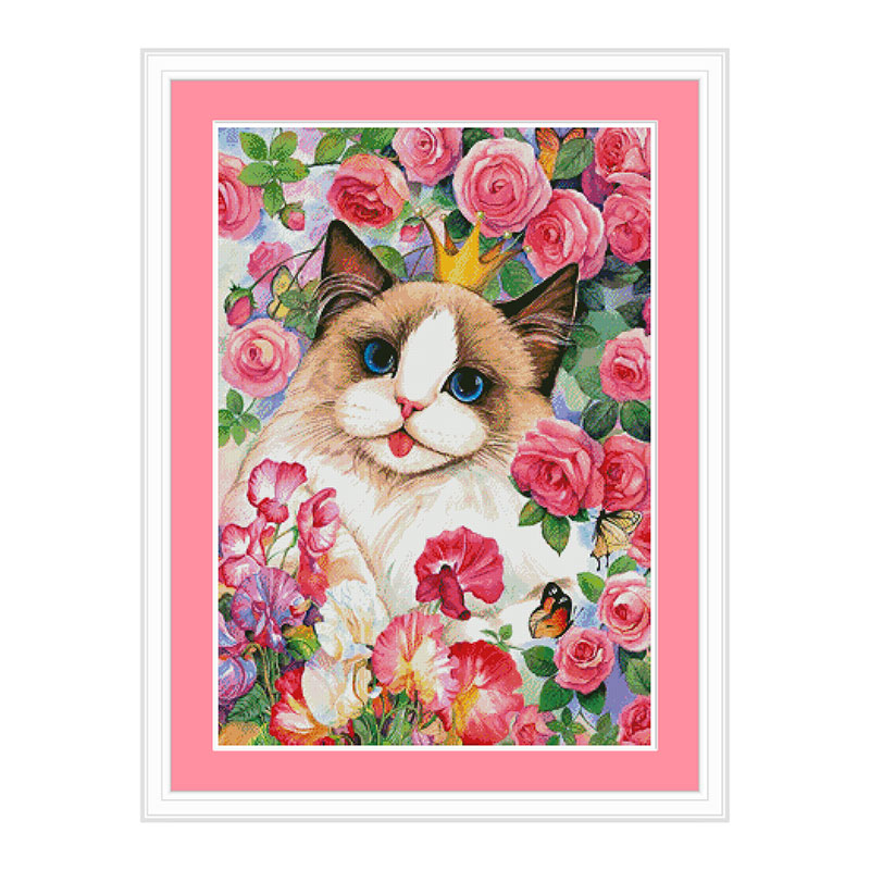 小小鱼DMC绣线十字绣套件  D900玫瑰中的猫 满绣手工刺绣挂画