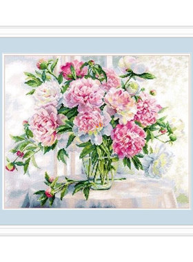 DMC绣线印花小小鱼十字绣 B1678粉玫瑰花瓶精准印花手工客厅装饰