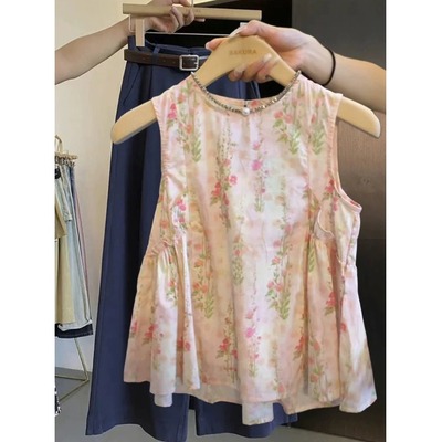 法式气质碎花无袖背心衬衫女夏季新款时尚减龄绝美娃娃衫洋气上衣