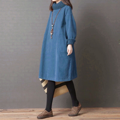 秋冬新款灯芯绒高领胖mm连衣裙