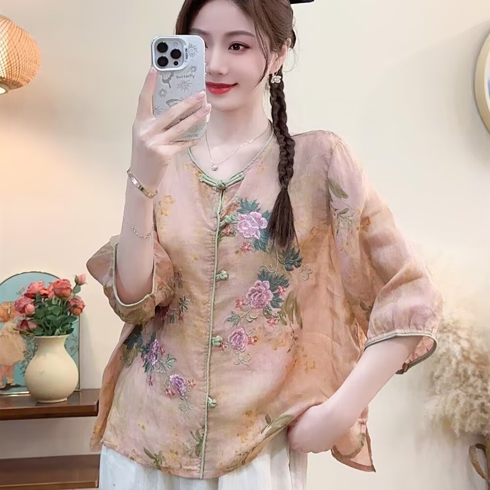 国风粉色苎麻刺绣衬衫女夏季新中式盘扣V领衬衣高端文艺茶服上衣