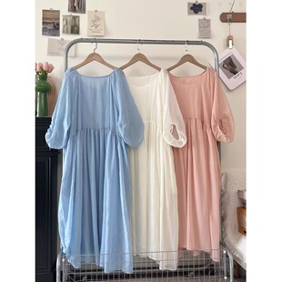 法式高级感苎麻七分袖连衣裙女夏季宽松遮肚子减龄度假亚麻大摆裙