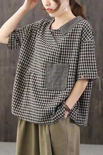 棉麻半翻领T恤女格子上衣