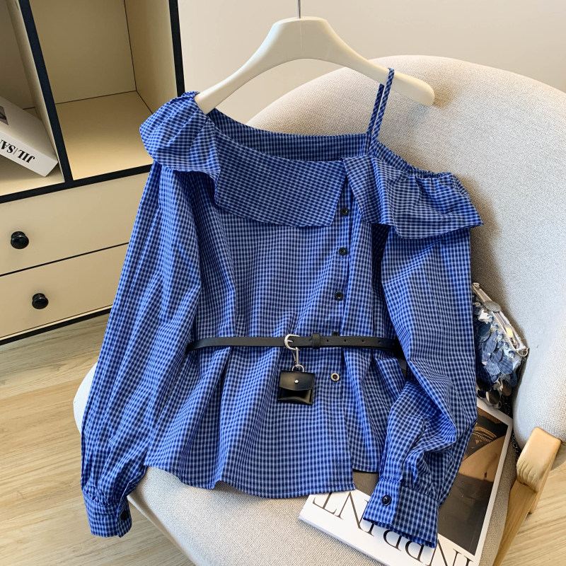 韩系荷叶边格纹斜领露肩长袖衬衫女春季配腰带小众不撞款百搭上衣,女装/女士精品,衬衫,淘宝优惠券,粉丝福利购,淘宝优惠卷