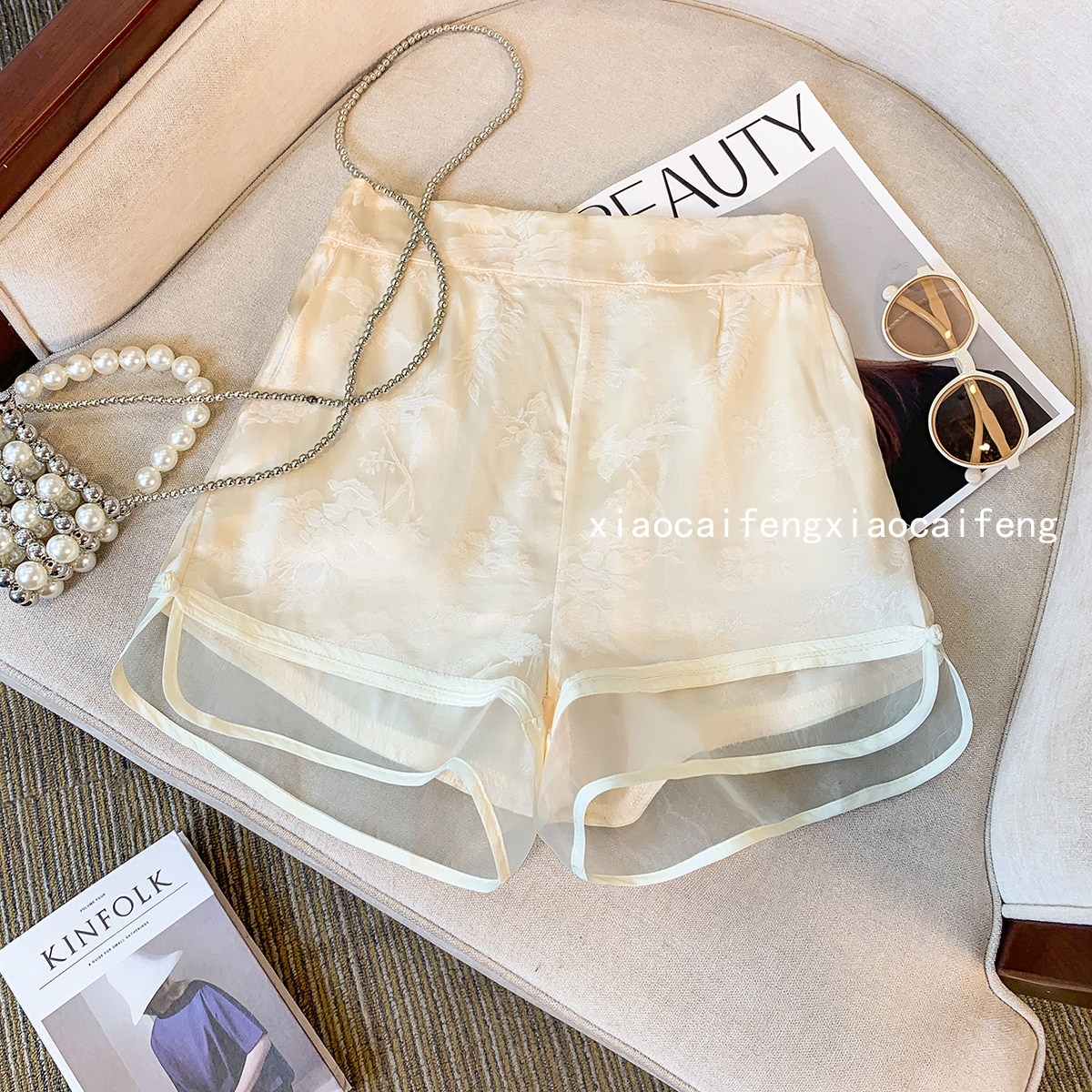 新中式缎面醋酸阔腿短裤女夏季高级感国风盘扣印花a字裤裙热裤潮