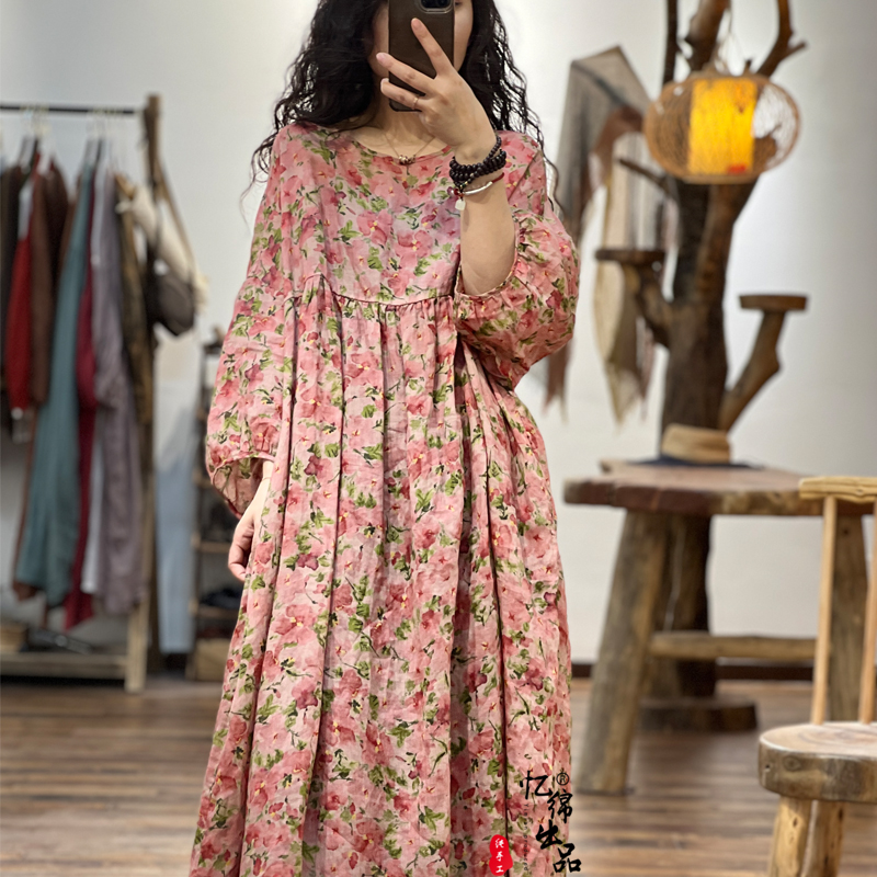 外贸出口原单复古印花苎麻连衣裙女夏季宽松遮肉显瘦气质大摆长裙