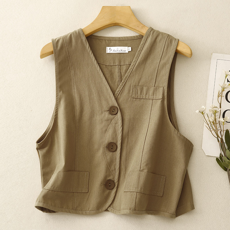 复古工装亚麻马甲小背心女春夏宽松叠穿V领无袖坎肩短款上衣秋装