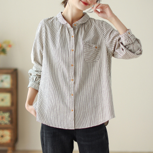 打底上衣长袖 外贸原单复古条纹棉麻长袖 文艺大码 女春季 衬衣潮 衬衫