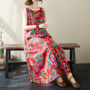 复古东北大花棉麻连衣裙女夏季新款气质减龄旅行度假风背心长裙子