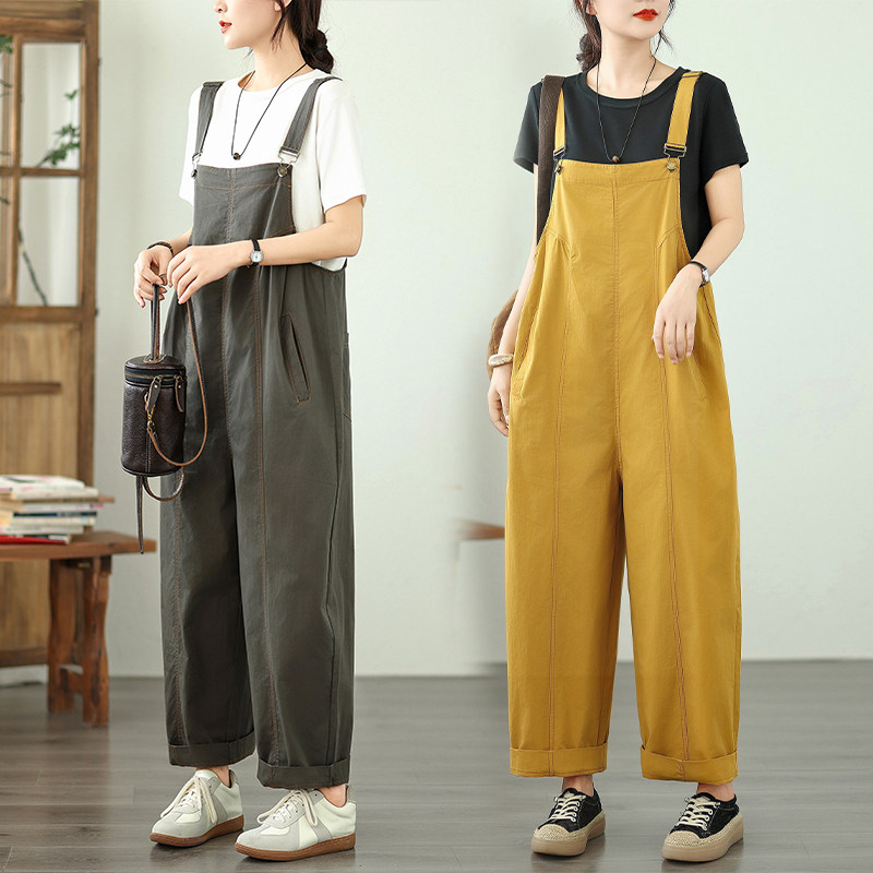 日系慵懒工装背带裤女夏季新款大码胖mm显瘦减龄宽松吊带连体裤潮