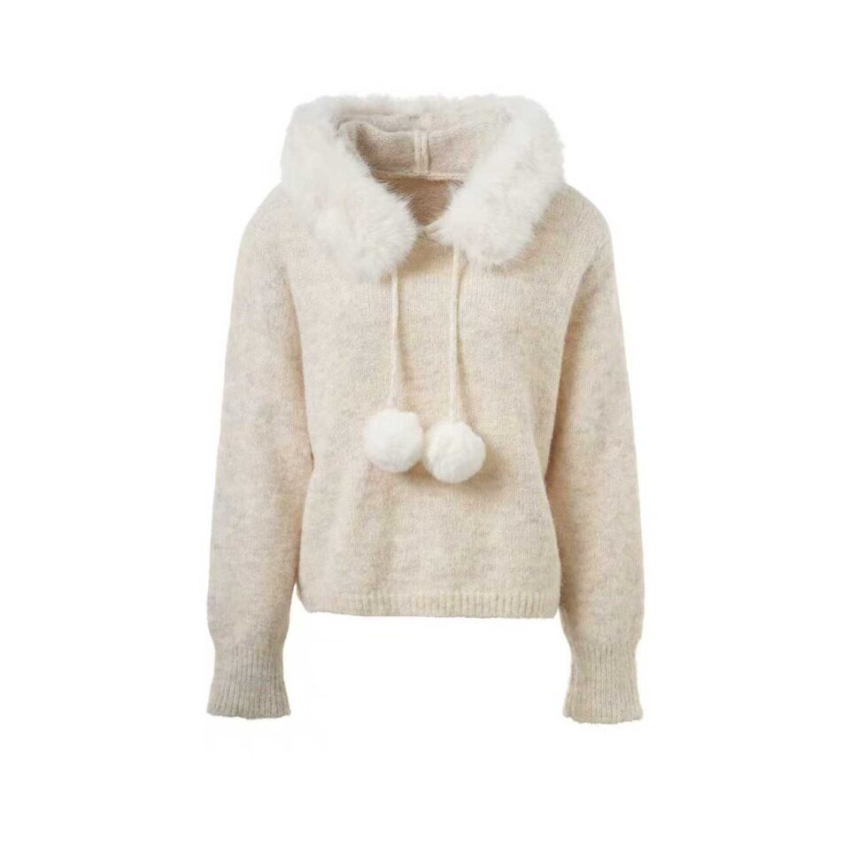 韩系气质狐狸毛领套头针织衫女冬装休闲宽松百搭连帽球球外穿上衣