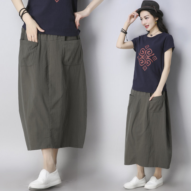 Cotton and hemp skirt summer literature Retro Easy Large Elastic waist Solid leisure time Versatile Flax The dressin the Women's clothing/Boutique , Skirts  category - from Buy2taobao.com to provide professional Taobao agent buy service