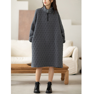 欧货个性冬季菱格夹棉连衣裙中长款高领大码胖mm复古棉衣卫衣裙子