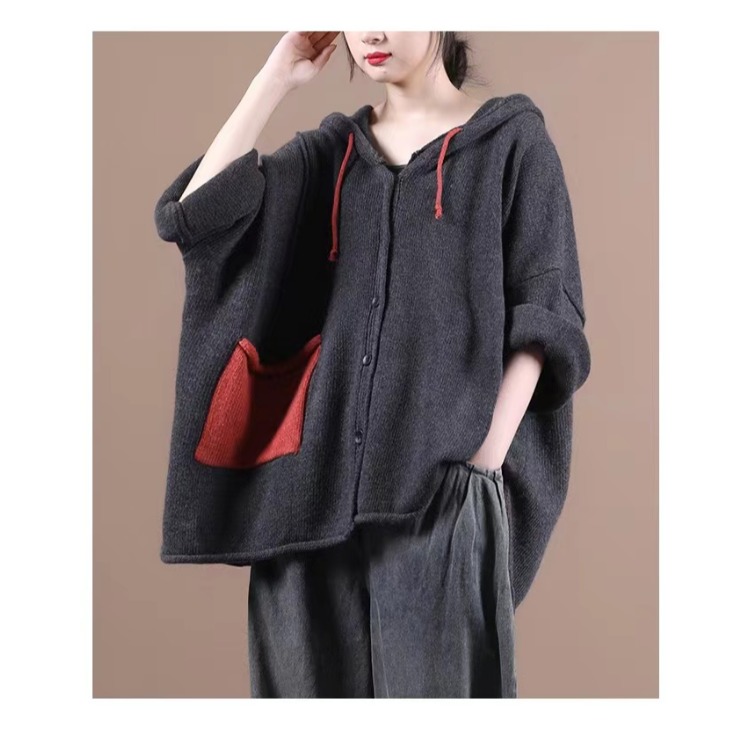 大码胖mm深灰色蝙蝠袖连帽针织开衫女秋冬款休闲宽松外搭毛衣上衣