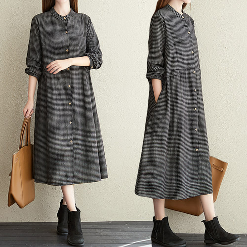 秋季新款休闲风格子棉麻连衣裙