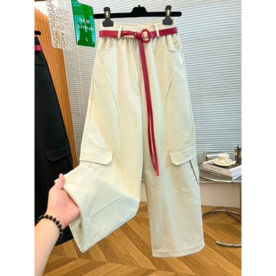 复古休闲工装阔腿裤女春秋新款高腰遮胯显瘦百搭配腰带直筒长裤子