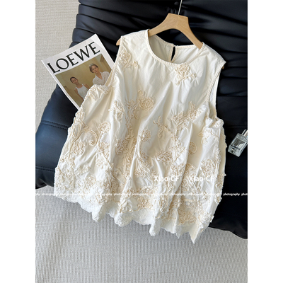 新中式国风重工刺绣亚麻背心女夏季高级感立体花朵无袖上衣中长款