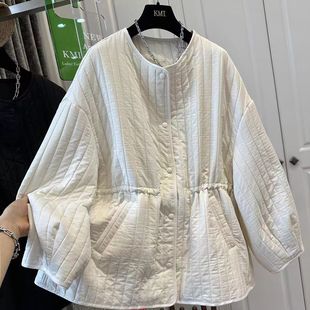 韩版休闲圆领竖条纹羽绒棉服外套女冬装收腰显瘦独特别致保暖棉衣