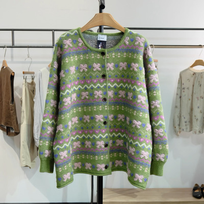 绝美重工花朵提花针织开衫女秋冬慵懒风宽松洋气百搭毛衣外套上衣