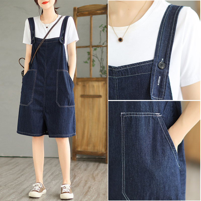 减龄工装牛仔背带短裤女夏季宽松大码个性大口袋直筒连体五分裤潮