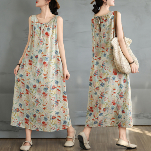 胖mm印花长裙子 气质宽松大码 棉麻无袖 度假背心裙碎花连衣裙女夏季