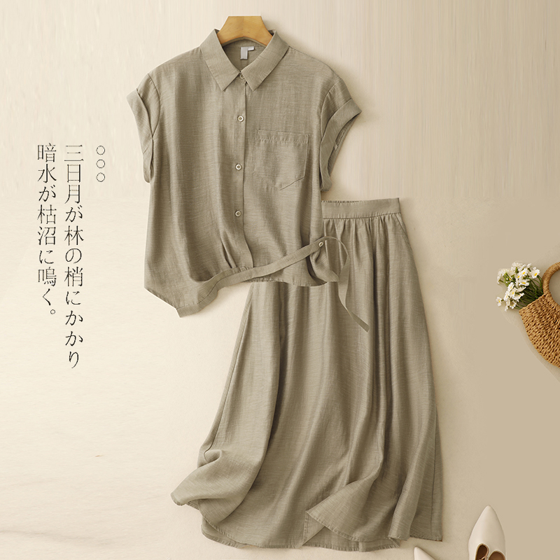 天丝亚麻衬衫套装裙女2025夏季新款高级感半身裙气质休闲两件套潮
