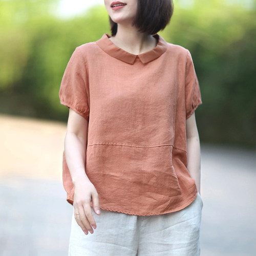 森系娃娃领短袖棉麻T恤女
