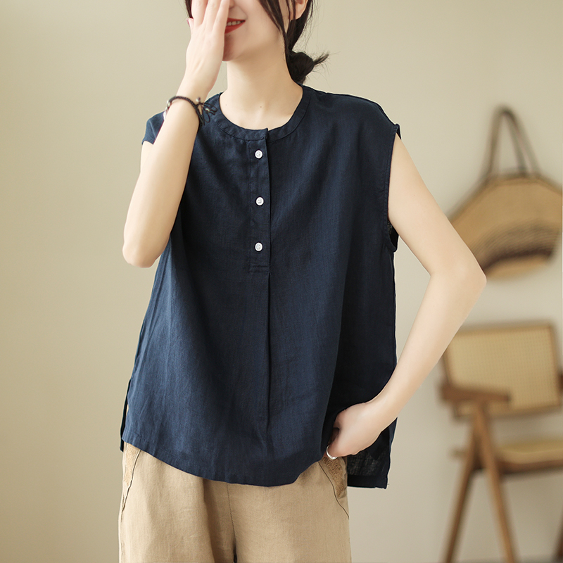 日系通勤棉麻无袖立领衬衫女