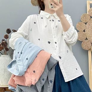 女秋装 双层棉纱polo领衬衫 文艺树叶刺绣柔软亲肤透气打底全棉上衣