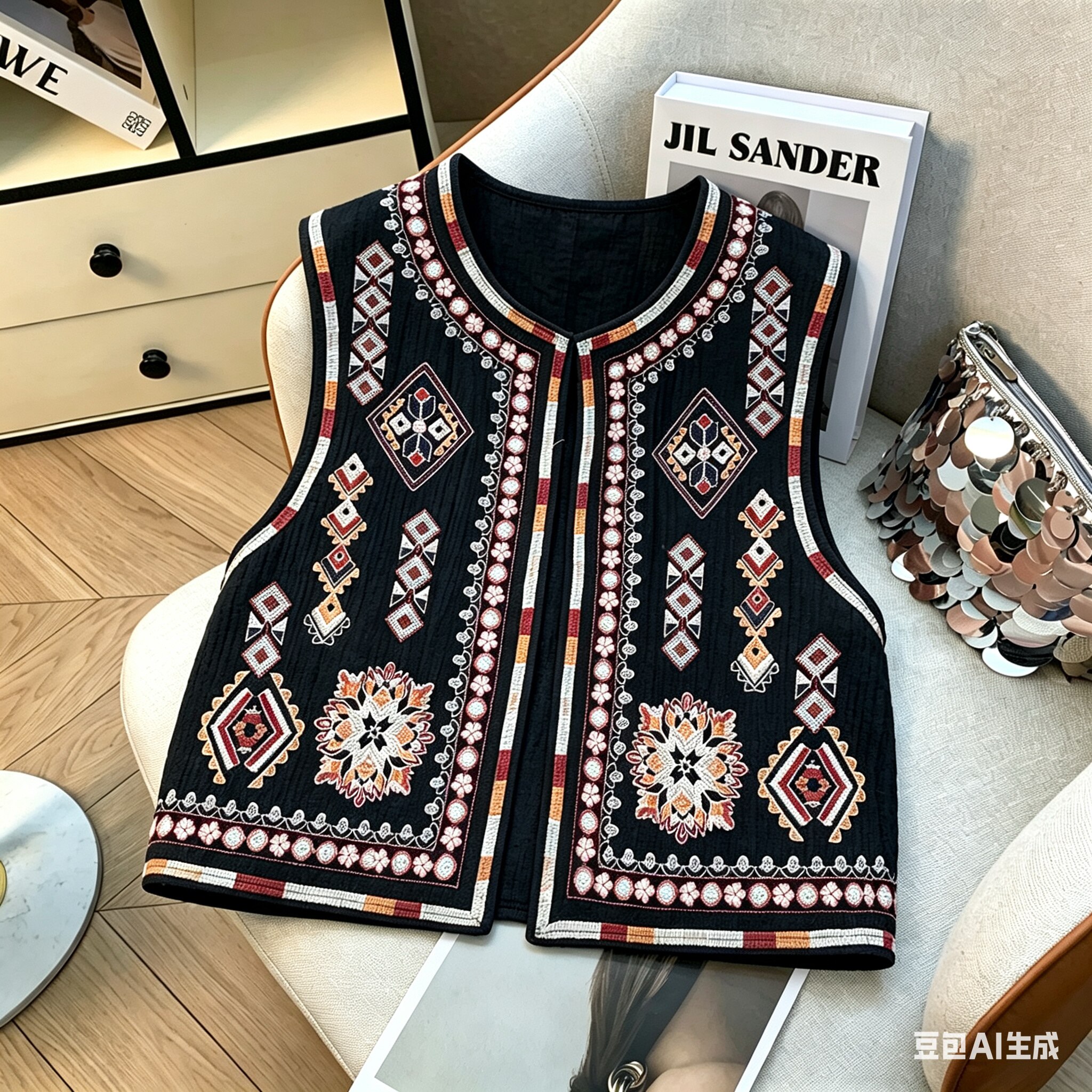 波西米亚复古重工刺绣短款马甲女夏季民族风圆领无袖坎肩背心上衣