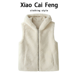 连帽马甲仿羊剪绒皮毛一体外套女秋冬水貂绒环保皮草毛毛坎肩背心