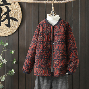 夹棉加厚外套女冬季宽松大码胖mm洋气复古印花休闲棒球服棉衣棉袄