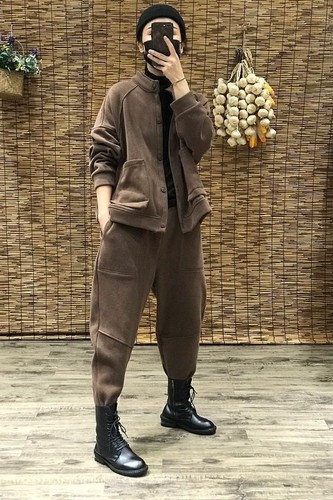 大码女装秋冬运动套装加绒工装裤
