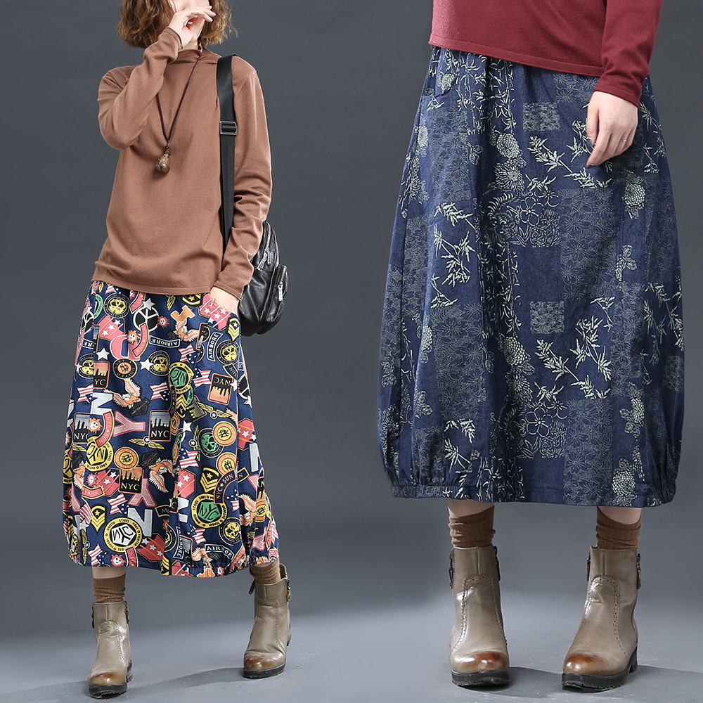 文艺复古灯笼裙宽松百搭做旧印花牛仔裙棉麻半身裙民族风花苞长裙|ruв категории Женская одежда, юбка - от Buy2taobao.com для оказания профессиональной услуги покупки агента Taobao