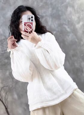温柔风荷叶花边长袖苎麻套头棉衣女秋冬夹棉保暖甜美减龄打底棉服