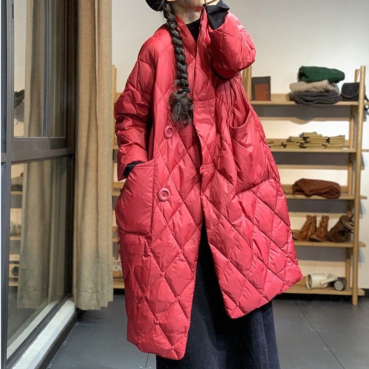 菱形格羽绒棉服外套女冬季大码中长款过膝轻薄棉衣加厚保暖面包服