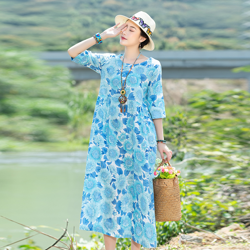 (用51元券)2019新款夏季装田园风棉绸长裙文艺复古印花宽松显瘦旅行连衣裙子