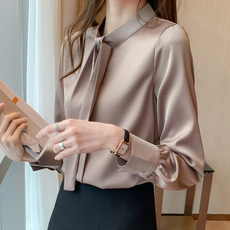 外贸女装大牌气质女士真丝衬衫女2025春秋新款蝴蝶结醋酸缎面上衣