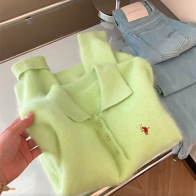 绿色polo领毛衣女秋冬加厚马海毛软糯毛线衣小马标刺绣针织衫上衣