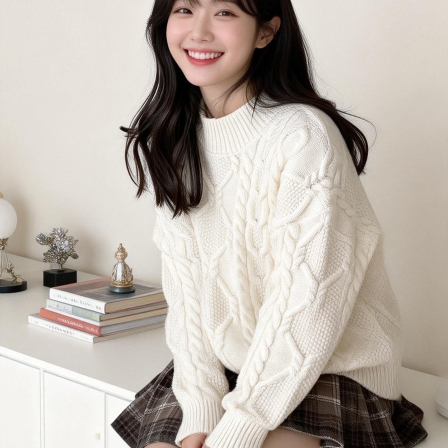 慵懒风圆领麻花白色毛衣女冬季加厚宽松外穿温柔风套头针织衫上衣