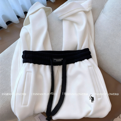 小马刺绣白色加绒卫裤女秋冬加厚直筒阔腿裤小个子宽松休闲长裤子